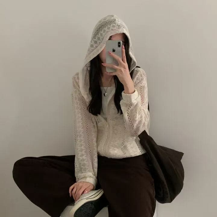 한국 스타일 chic 작은 대중 다용도 디자인 센스 자수 홀로우 아웃 루즈핏 지퍼 니트 후드 재킷 맨위 상세 이미지 8