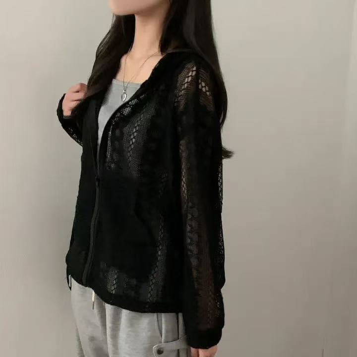 한국 스타일 chic 작은 대중 다용도 디자인 센스 자수 홀로우 아웃 루즈핏 지퍼 니트 후드 재킷 맨위 상세 이미지 12