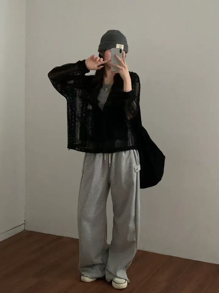 한국 스타일 chic 작은 대중 다용도 디자인 센스 자수 홀로우 아웃 루즈핏 지퍼 니트 후드 재킷 맨위 상세 이미지 14