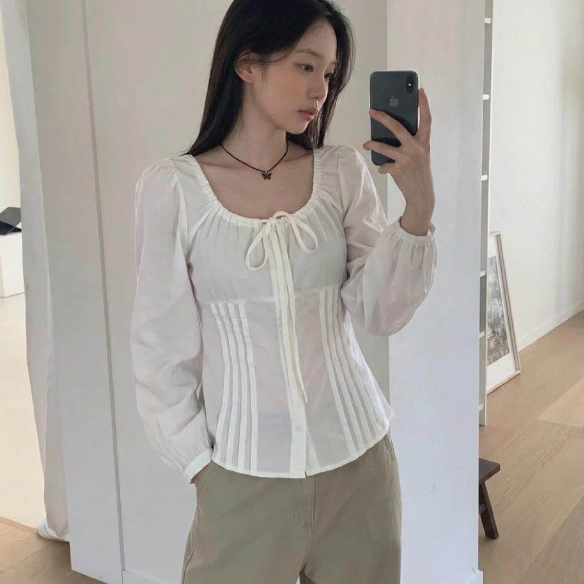 봄 여름 보 주님 같은 단락 프랑스식 품격 거품 소매 다용도 슬림해 보이는 나비 매듭 허리 수축 셔츠 맨위 여성
