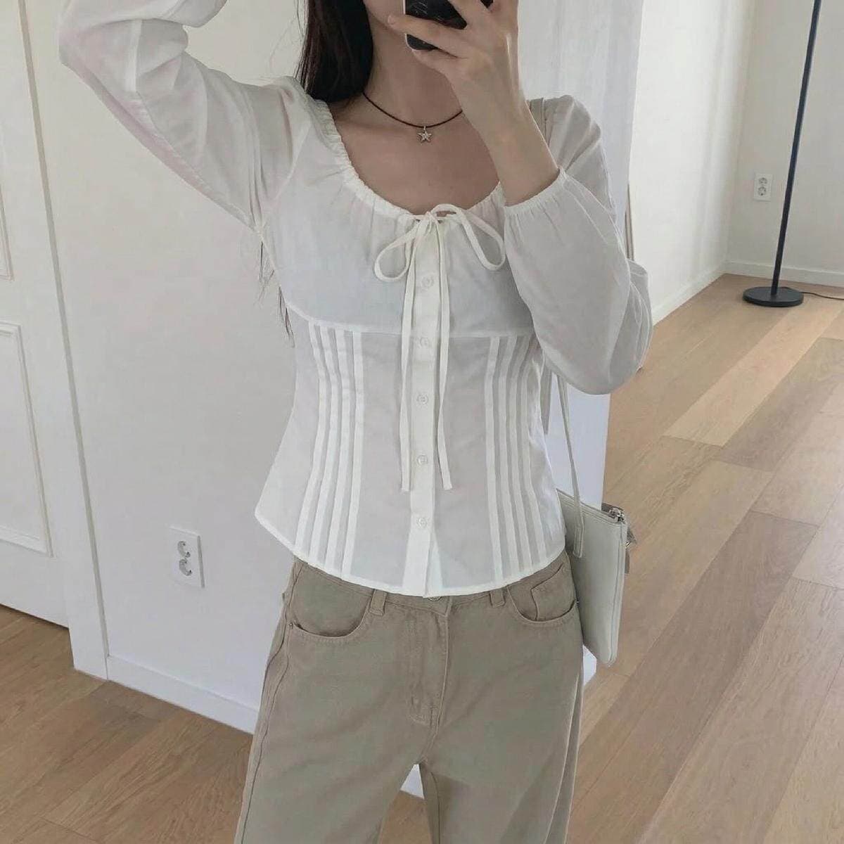 봄 여름 보 주님 같은 단락 프랑스식 품격 거품 소매 다용도 슬림해 보이는 나비 매듭 허리 수축 셔츠 맨위 여성 상세 이미지 5