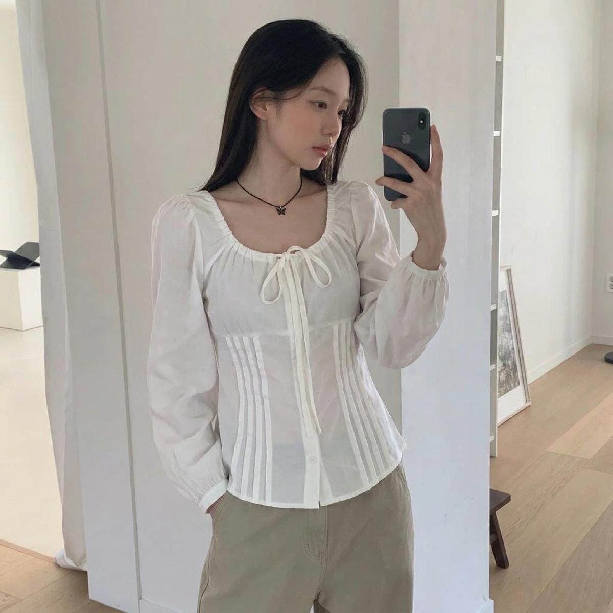 봄 여름 보 주님 같은 단락 프랑스식 품격 거품 소매 다용도 슬림해 보이는 나비 매듭 허리 수축 셔츠 맨위 여성 상세 이미지 6