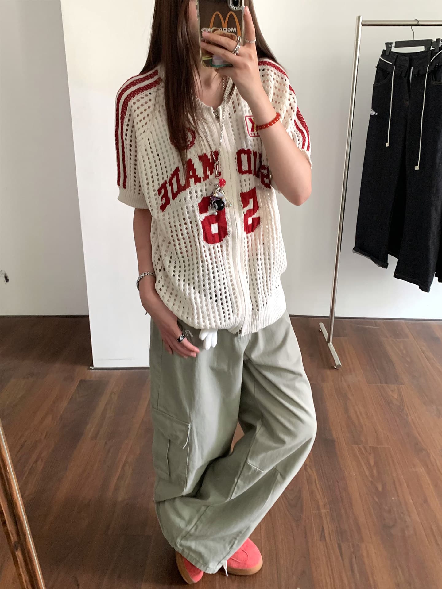 아메리칸 레트로 홀로우 아웃 저지 반팔 오픈 가디건 여성 외부 가져 가라. 여름 얇은 스타일 루즈핏 슈퍼 잘 생긴 니트 블라우스 맨위 상세 이미지 5