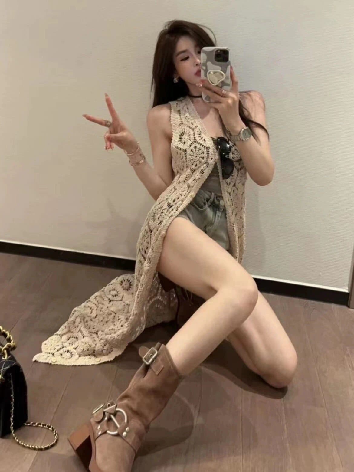 홀로우 아웃 조끼 스커트 얼음 실크 베스트 니트 스웨터 여성 얇은 스타일 외부 가져 가라. 롱 코트 블라우스 해변가 휴가 바람 스택 착용 맨위 이미지 2