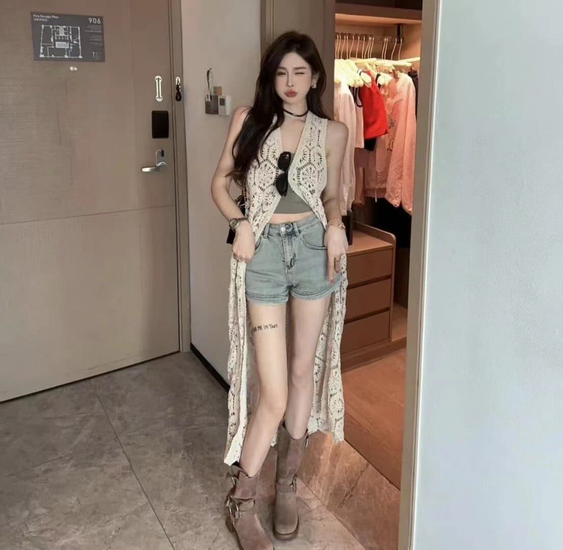 홀로우 아웃 조끼 스커트 얼음 실크 베스트 니트 스웨터 여성 얇은 스타일 외부 가져 가라. 롱 코트 블라우스 해변가 휴가 바람 스택 착용 맨위 이미지 3