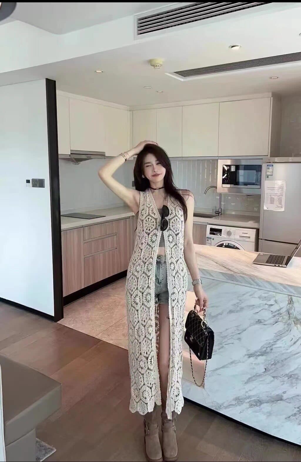 홀로우 아웃 조끼 스커트 얼음 실크 베스트 니트 스웨터 여성 얇은 스타일 외부 가져 가라. 롱 코트 블라우스 해변가 휴가 바람 스택 착용 맨위 상세 이미지 4