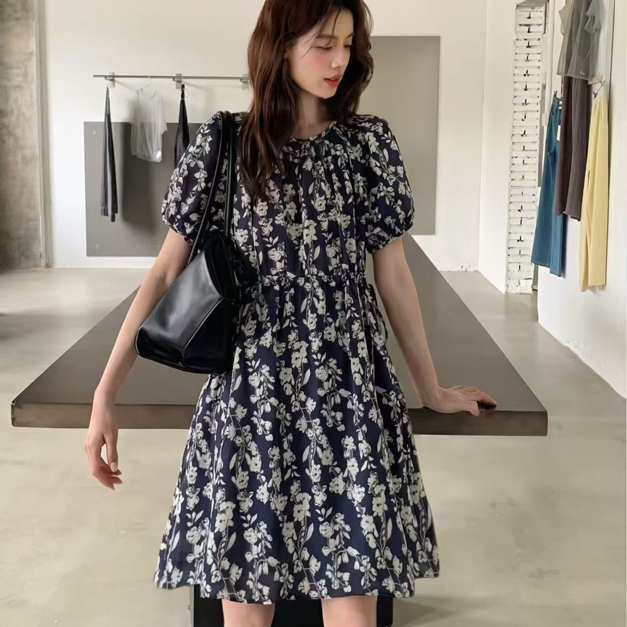 한 부서 작은 대중 배색 꽃무늬 퍼프 스커트 드레스