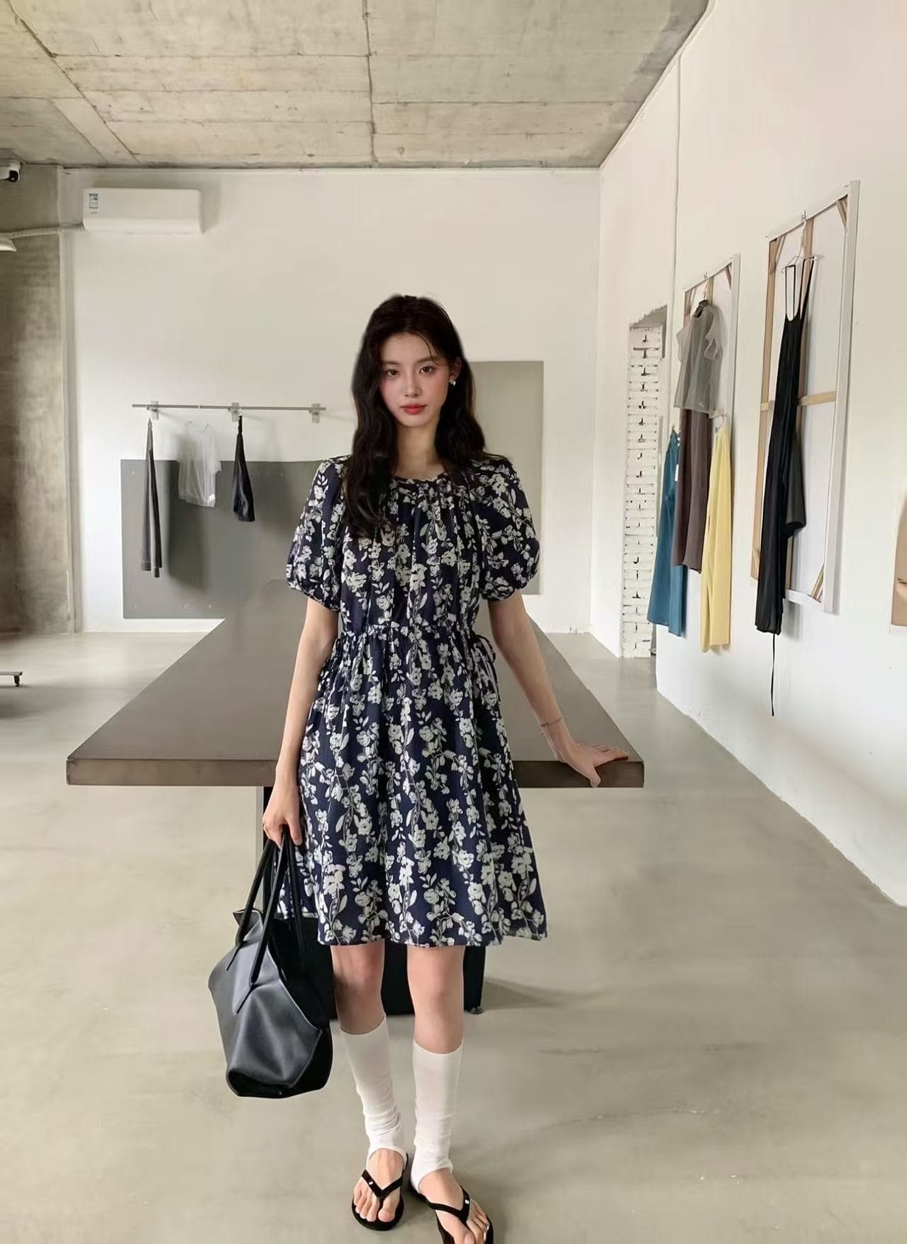 한 부서 작은 대중 배색 꽃무늬 퍼프 스커트 드레스 상세 이미지 1