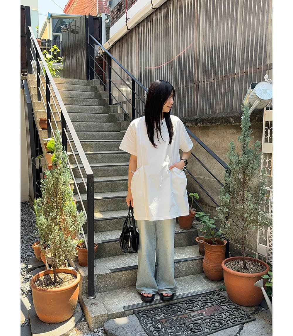한국 동대문 여름 새로운 프랑스식 레트로 작은 대중 라운드 넥 루즈핏 빅 포켓 여성 드레스 중간 길이 치마 상세 이미지 16