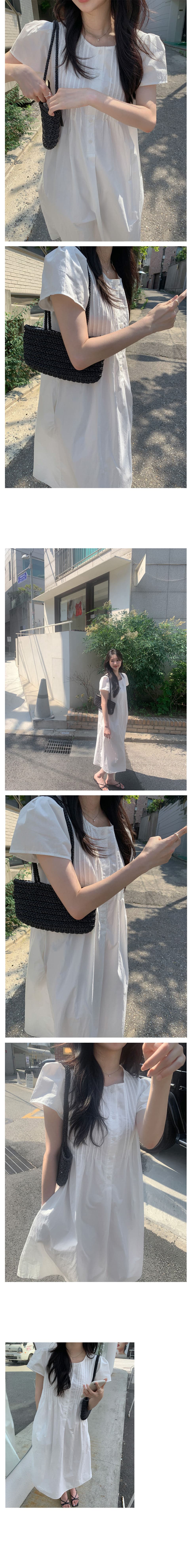 chic 여름 얇은 스타일 스트레이트 루즈핏 표지 고기 순면 프랑스식 거품 소매 플리츠 라운드 넥 드레스 상세 이미지 2