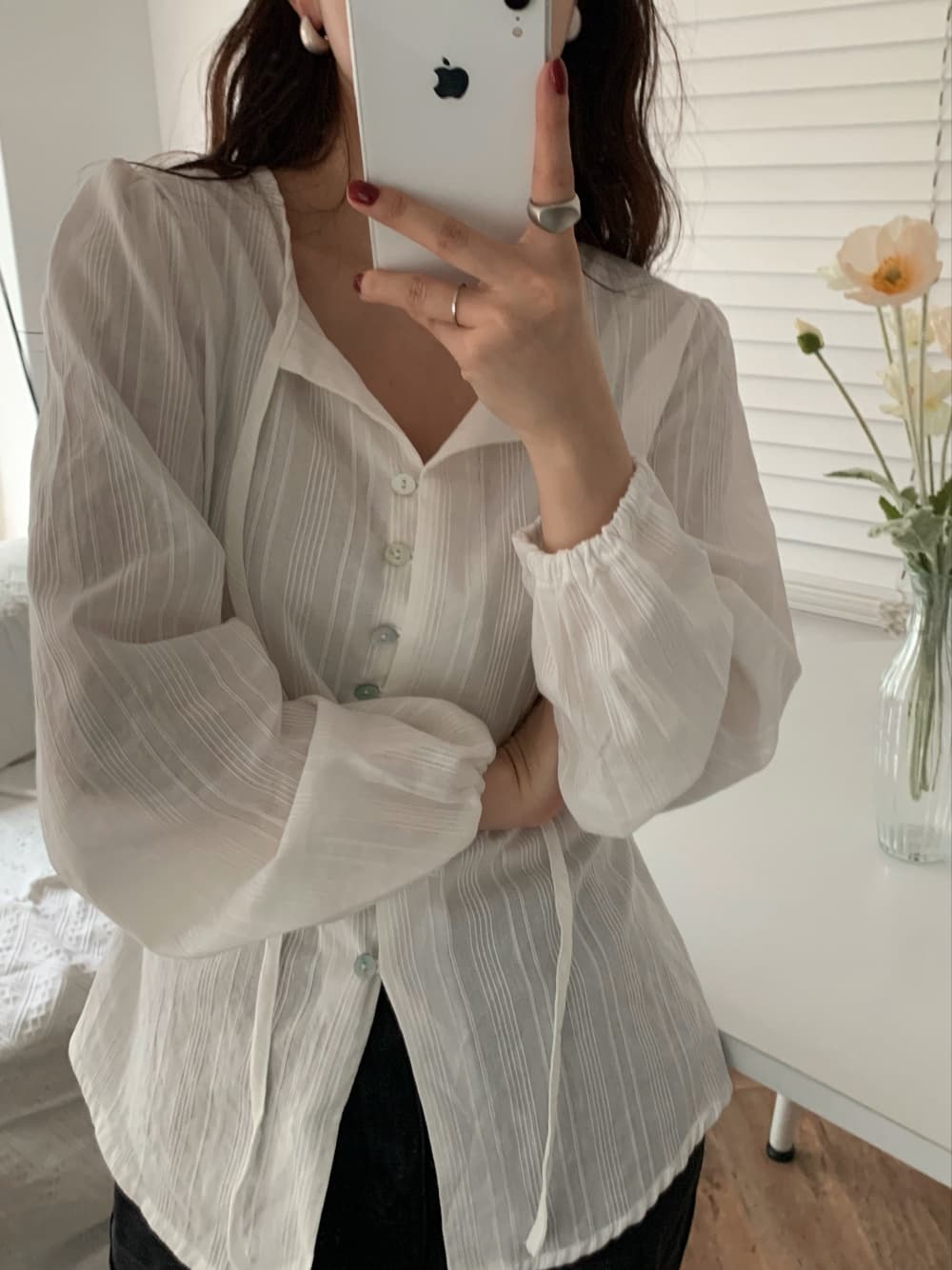 한국 chic 레이스업 긴팔 여성 셔츠 슬림해 보이는 싱글 줄 버튼 셔츠 자외선 차단 재킷 상세 이미지 2