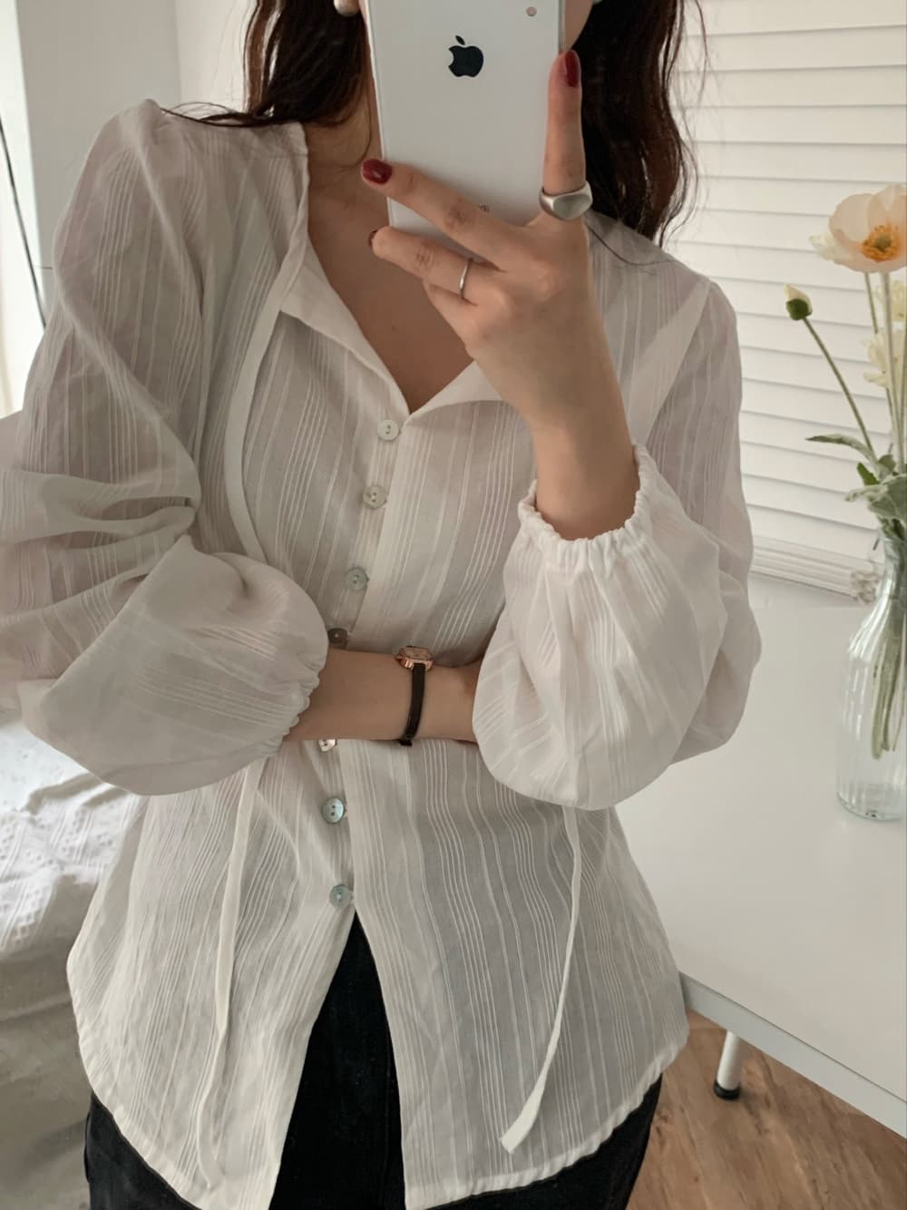 한국 chic 레이스업 긴팔 여성 셔츠 슬림해 보이는 싱글 줄 버튼 셔츠 자외선 차단 재킷 상세 이미지 4