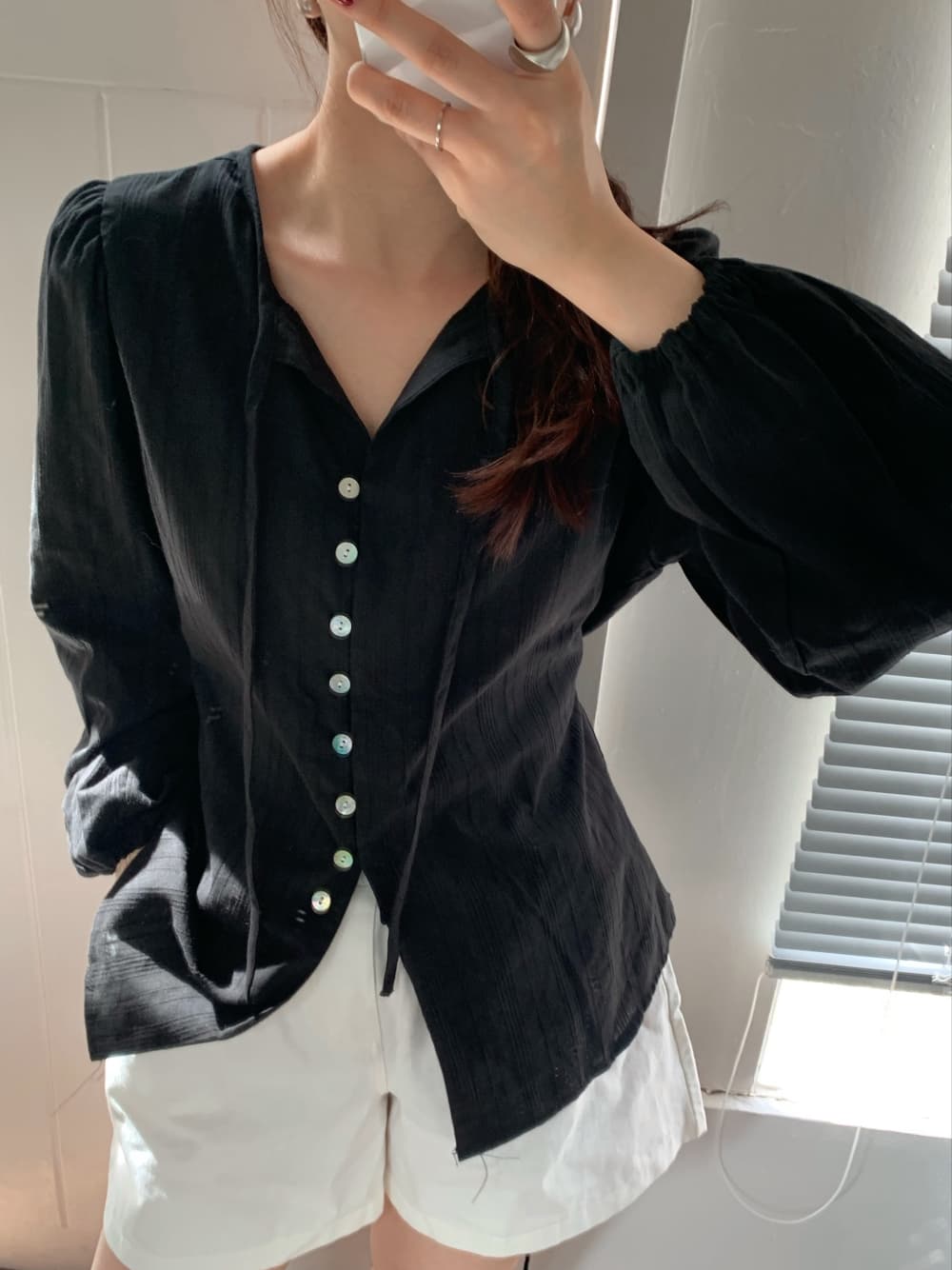 한국 chic 레이스업 긴팔 여성 셔츠 슬림해 보이는 싱글 줄 버튼 셔츠 자외선 차단 재킷 상세 이미지 12