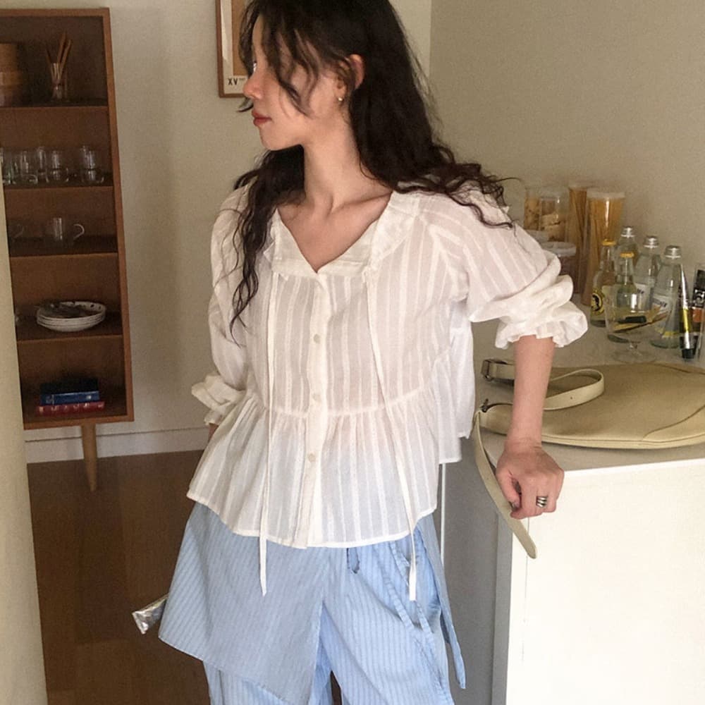 한 부서 물결무늬 측면 달콤함 소녀 레이스업 단색 셔츠 오픈 가디건 태양 보호 셔츠 에어컨 셔츠