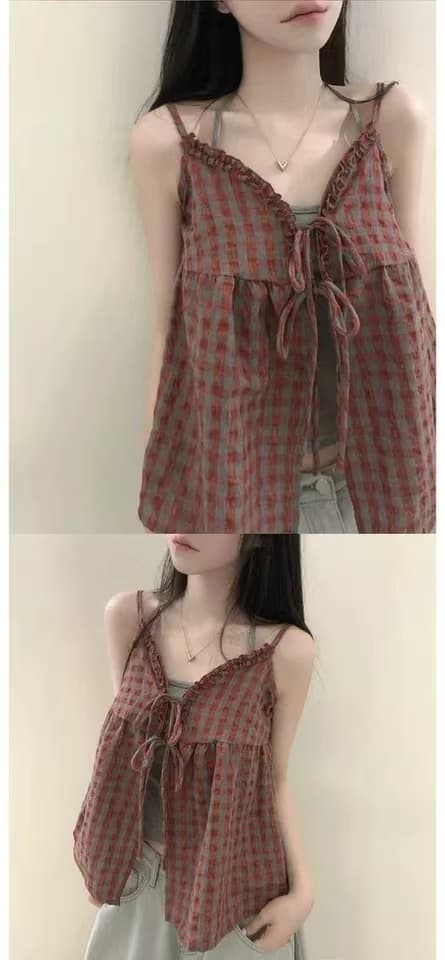 한국 chic 여름 단색 레이스업 행침 목 만나는 슬립 프릴 체크무늬 투피스 조끼 맨위 여성 상세 이미지 2