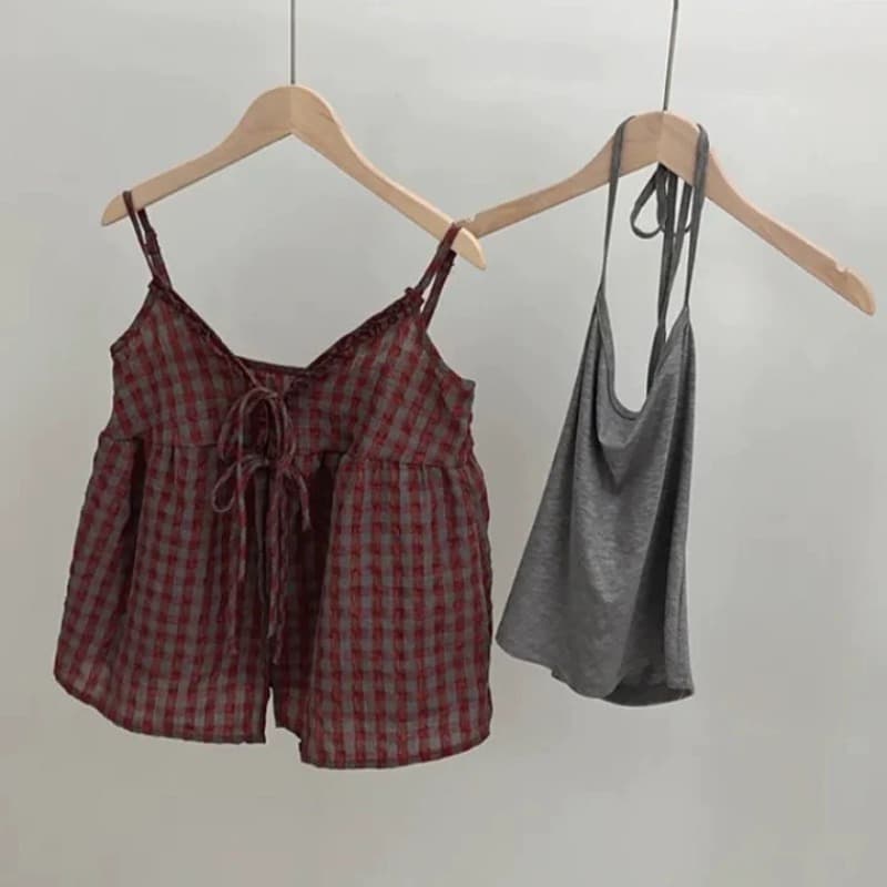 한국 chic 여름 단색 레이스업 행침 목 만나는 슬립 프릴 체크무늬 투피스 조끼 맨위 여성 이미지 5