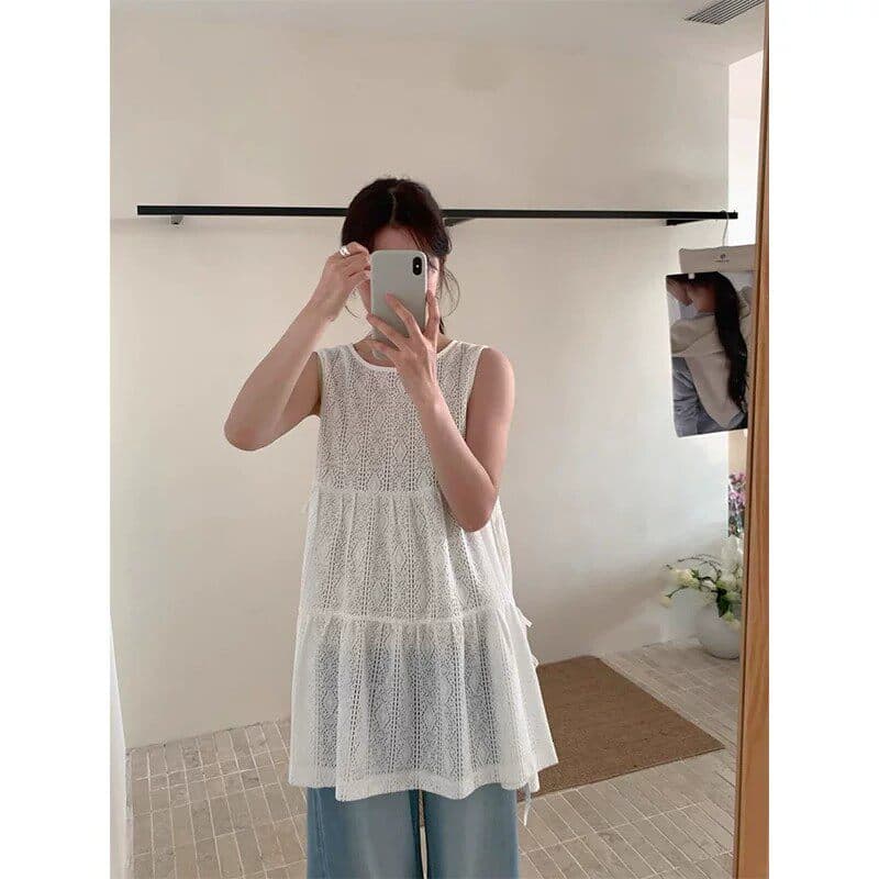 특별 빅 사이즈 300 근 통통한 여동생 홀로우 아웃 레이스 민소매 조끼 여성 여름 중간 길이 표지 엉덩이 스택 착용 맨위 상세 이미지 3