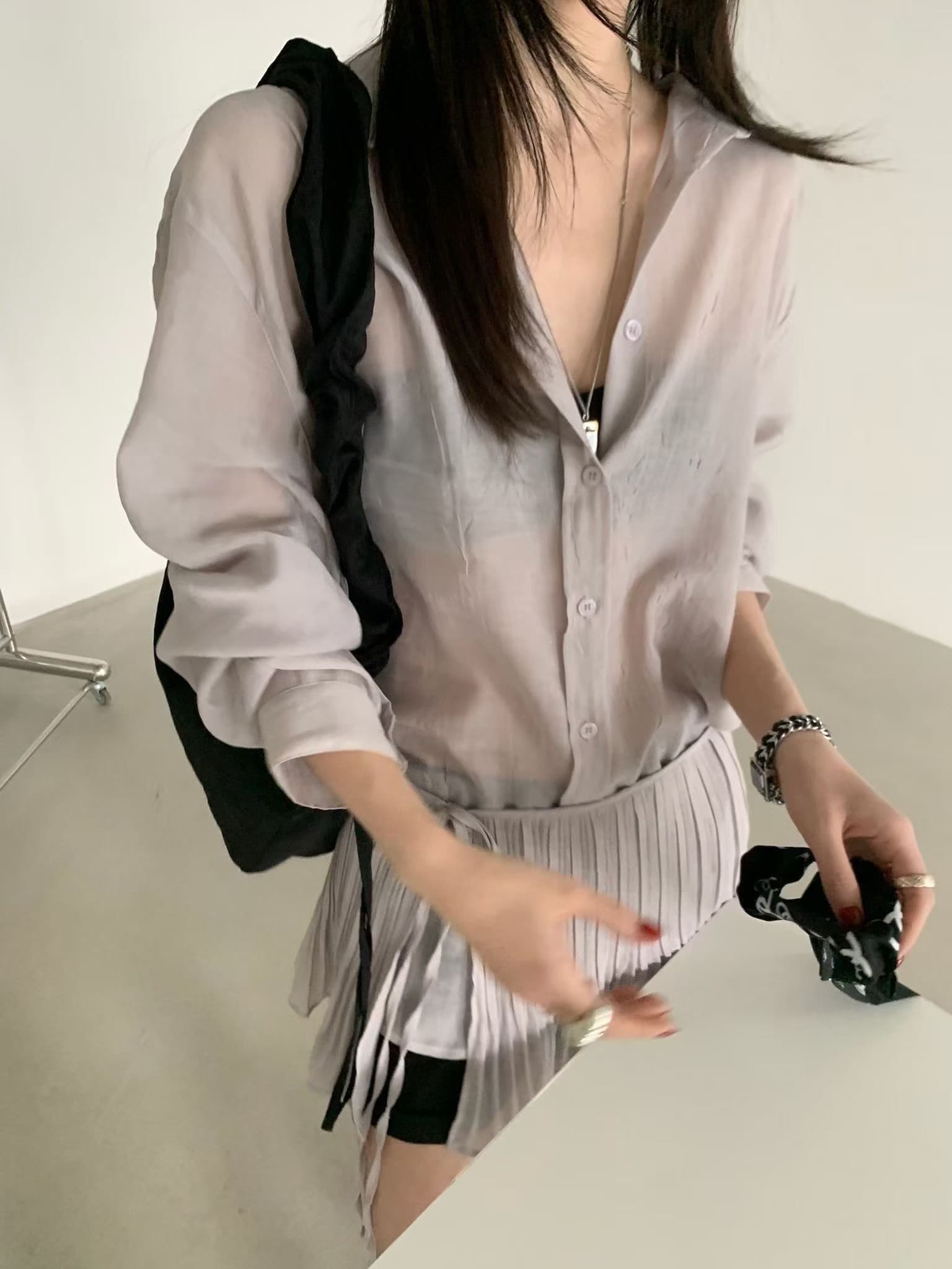 2026 년 한 부서 느긋한 바람 자외선 차단 랩스커트팬츠 긴팔 셔츠 차가운 마이크로 ~을 통해 작은 섹시함 셔츠 여성 상세 이미지 4