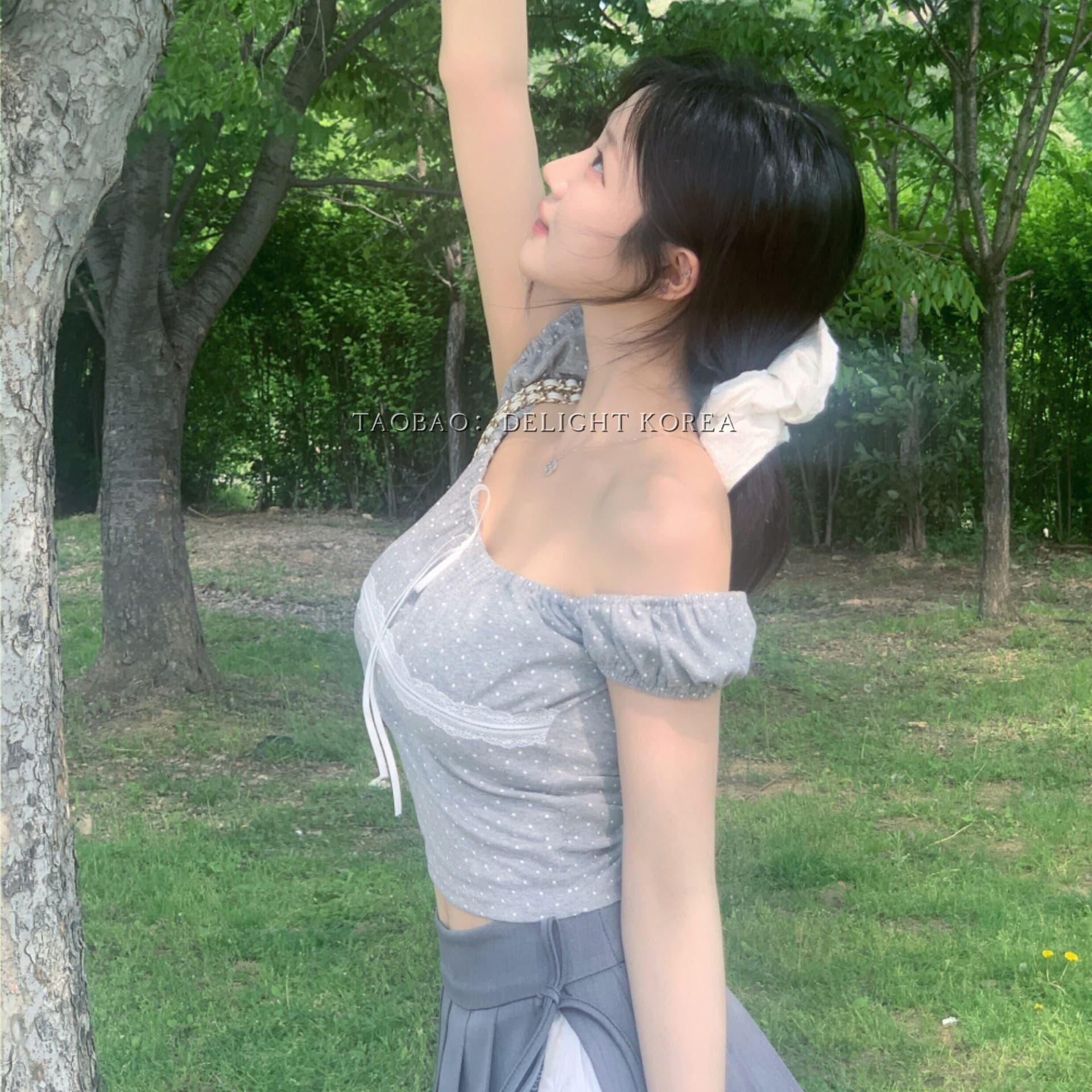 20263 한 부서 장난기 넘치는 귀여운 작은 섹시함 도트 무늬 광장 칼라 배색 몸매 가꾸기 맨위 이미지 5