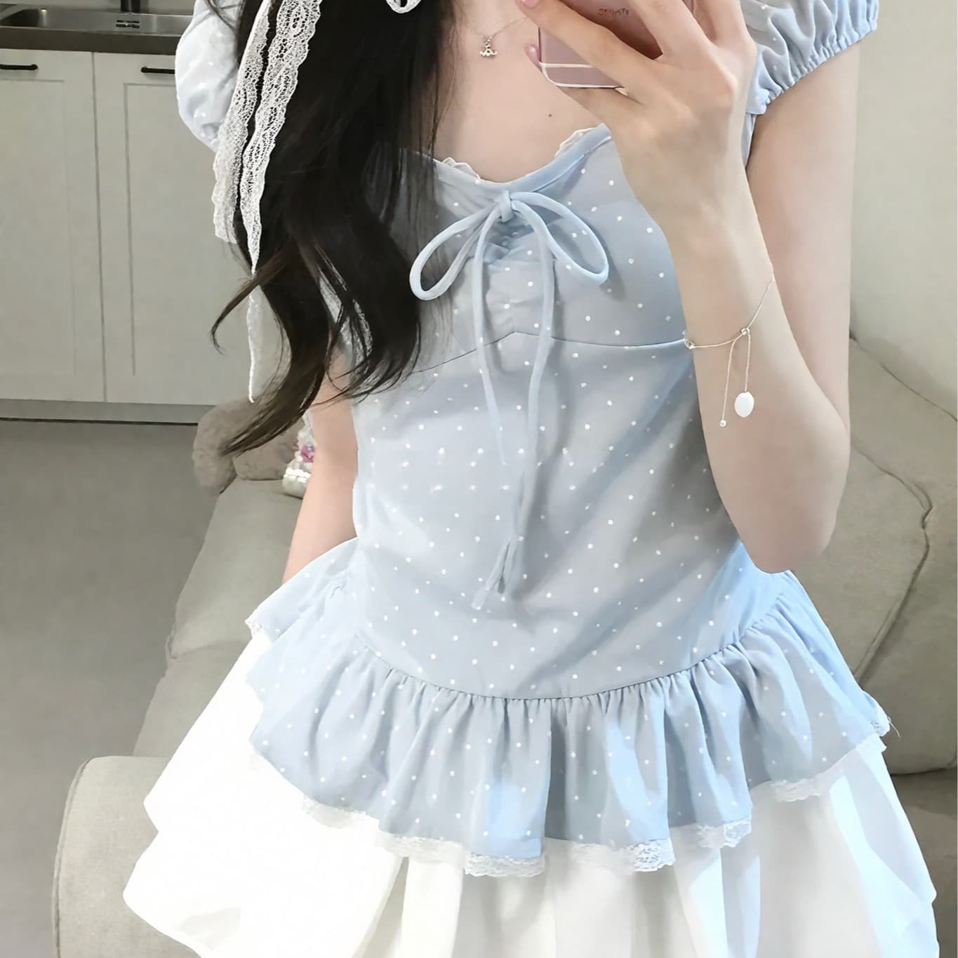 2026 한 여성 분위기 도트 무늬 달콤함 레이스 여름 다용도 허리 수축 슬림해 보이는 반팔 티셔츠 맨위 이미지 3