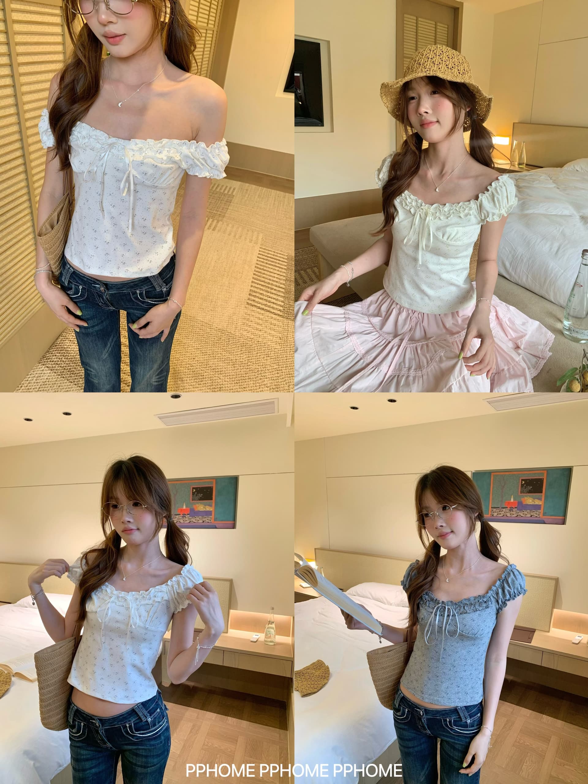 2026 년 한 부서 달콤함 꽃무늬 프릴 레이스업 거품 소매 티셔츠 반팔 맨위 상세 이미지 15