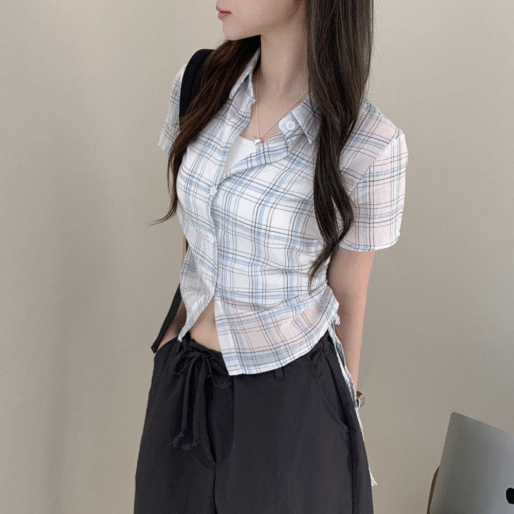 한국 chic 체크무늬 반팔 싱글 줄 버튼 여성 셔츠 밑단 펌프 Pleat 펌프 로프 디자인 다용도 맨위 이미지 2