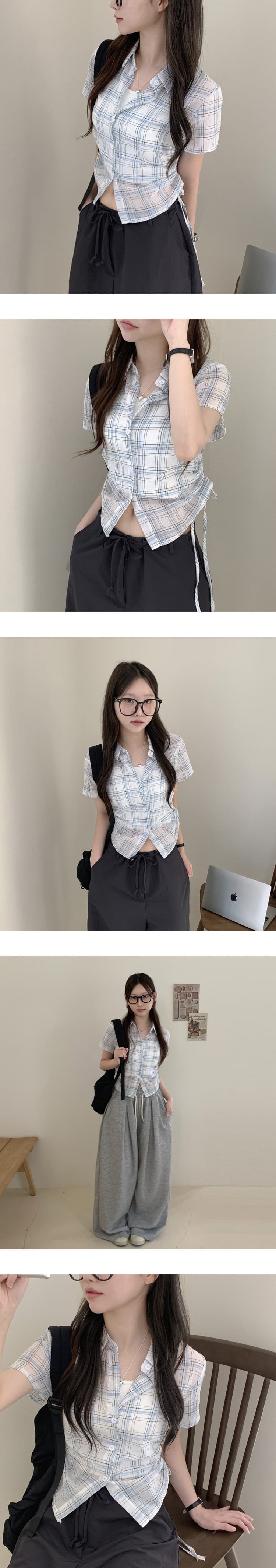 한국 chic 체크무늬 반팔 싱글 줄 버튼 여성 셔츠 밑단 펌프 Pleat 펌프 로프 디자인 다용도 맨위 상세 이미지 2