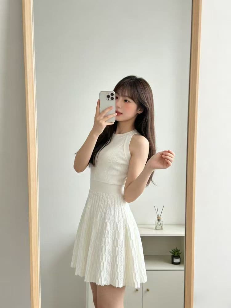 한 부서 품격 데이트 행침 목 니트 여성 드레스 여름 고급 센스 몸매 가꾸기 허리 수축 치마 달콤함 한 마디 미니 스커트 상세 이미지 1