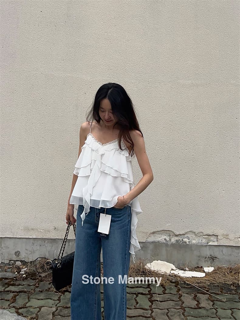 한 부서 달콤함 작은 섹시함 바람이 아닙니다. 규칙 수준 단색 연꽃 잎 레이스 V넥 캐미솔 맨위 여성 상세 이미지 2