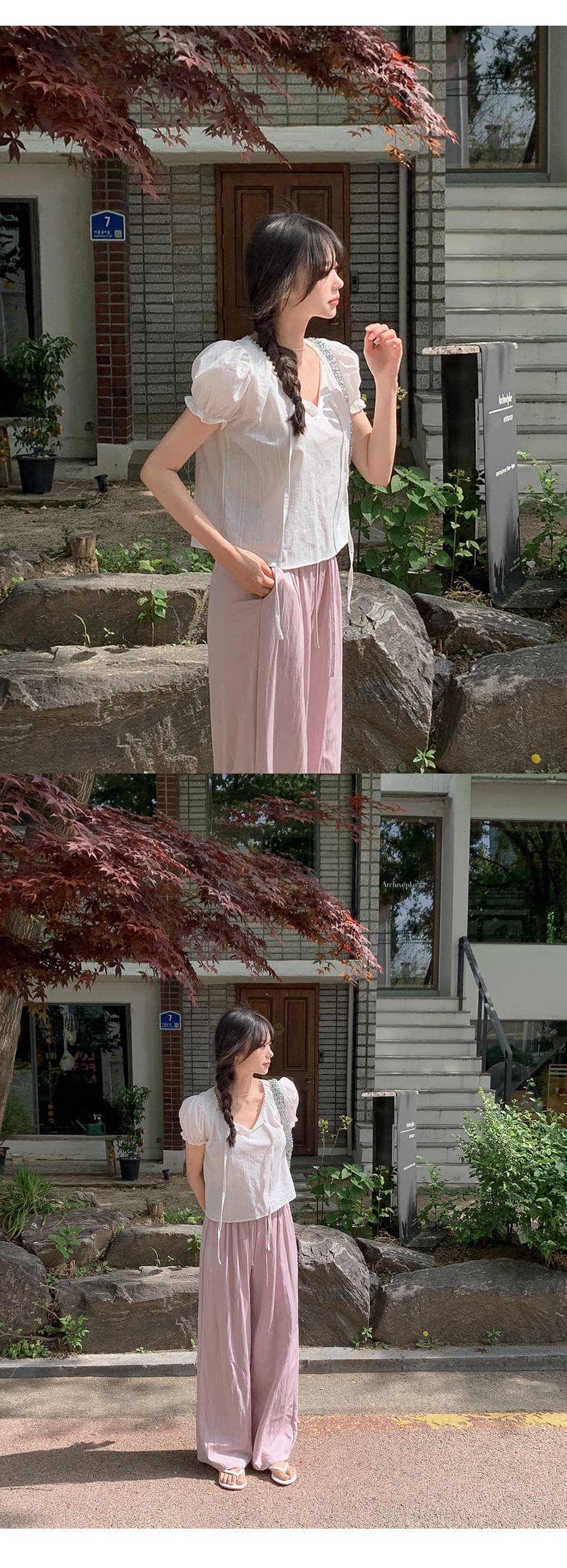 한국 귀여운 거품 소매 레이스업 반 개방 칼라 화이트 쇼트 스타일 셔츠 상세 이미지 20
