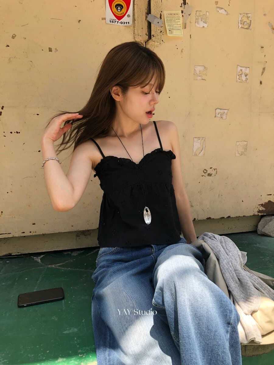 한 부서 디스플레이 얇고 작은 섹시함 다용도 만나는 외출용 홀로우 아웃 꽃 프릴 쇼트 스타일 캐미솔 상세 이미지 17