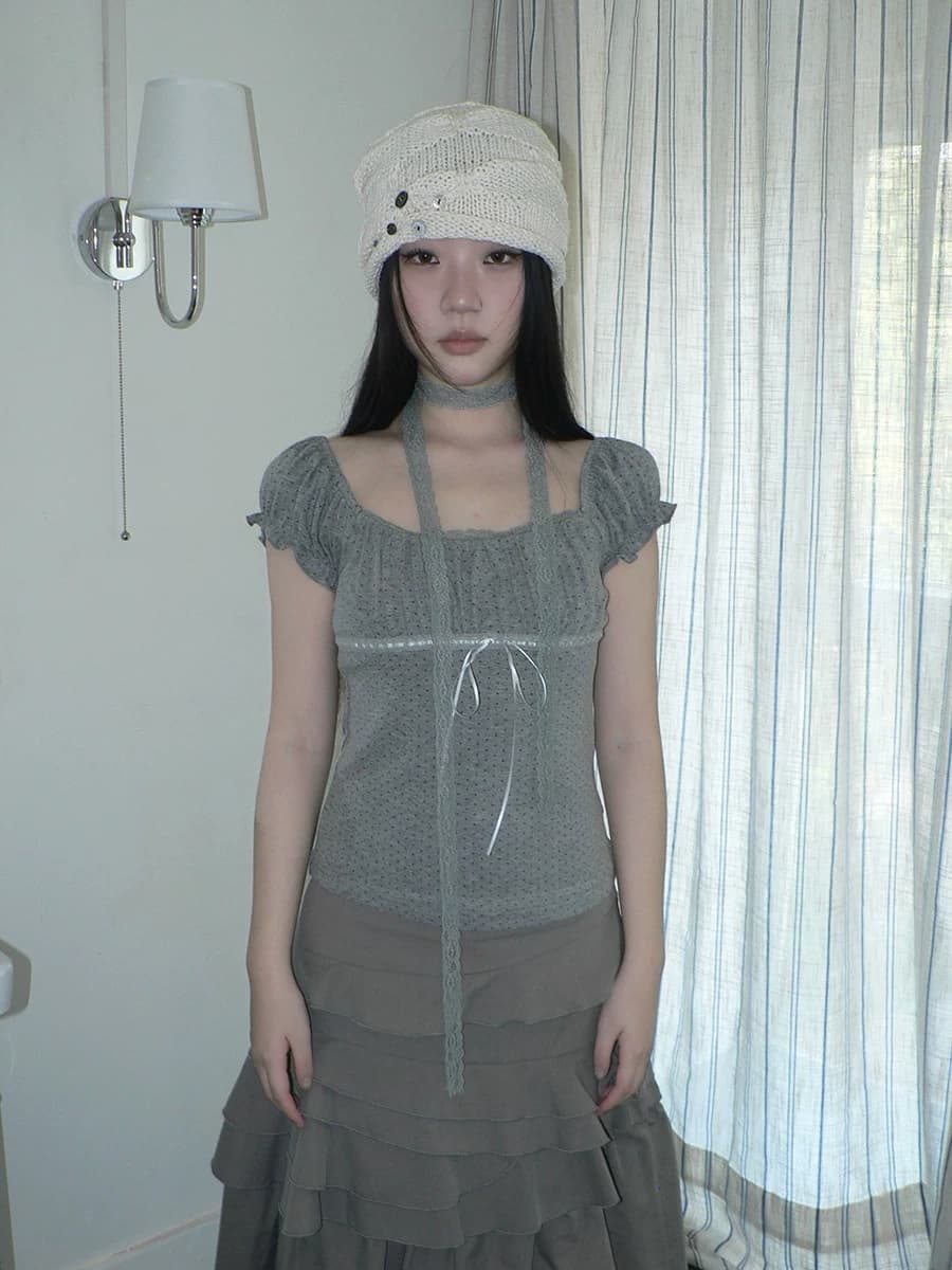 2026 한 부서 고대 조기 센스 도트 무늬 광장 칼라 거품 소매 플리츠 레이스 측면에 의류 경기 목도리 상세 이미지 1
