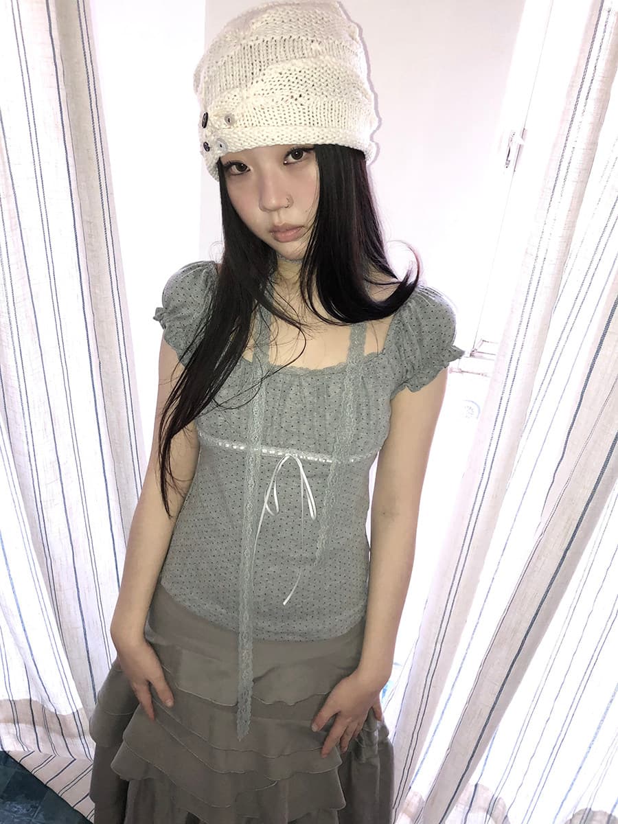 2026 한 부서 고대 조기 센스 도트 무늬 광장 칼라 거품 소매 플리츠 레이스 측면에 의류 경기 목도리 상세 이미지 8