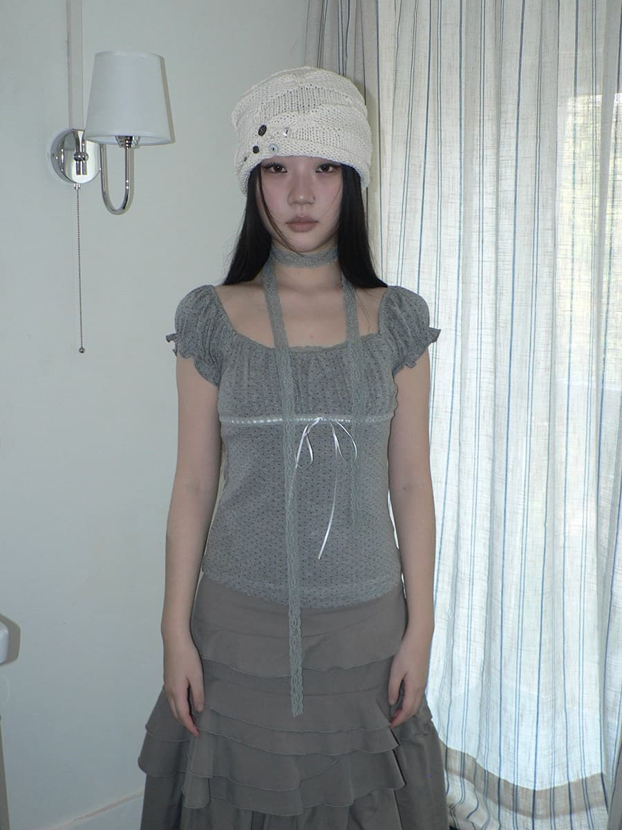 2026 한 부서 고대 조기 센스 도트 무늬 광장 칼라 거품 소매 플리츠 레이스 측면에 의류 경기 목도리 상세 이미지 10
