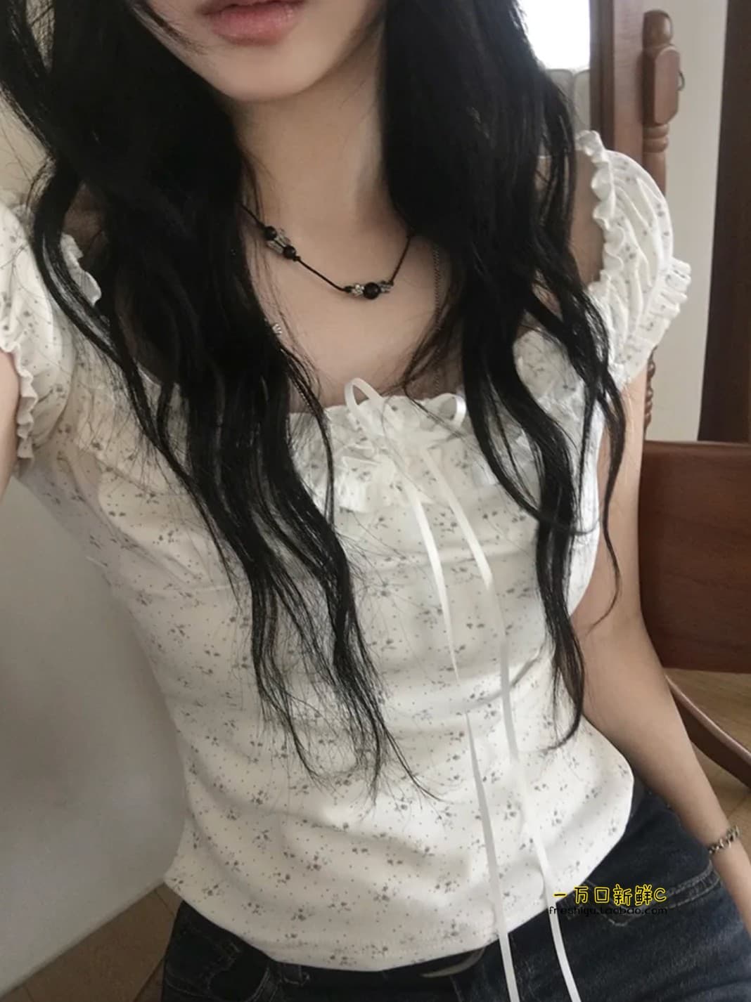 한 부서 꽃무늬 레이스 거품 소매 반팔 티셔츠 순수한 욕망 바람 핫걸 몸매 가꾸기 슬림해 보이는 다용도 맨위 상세 이미지 11