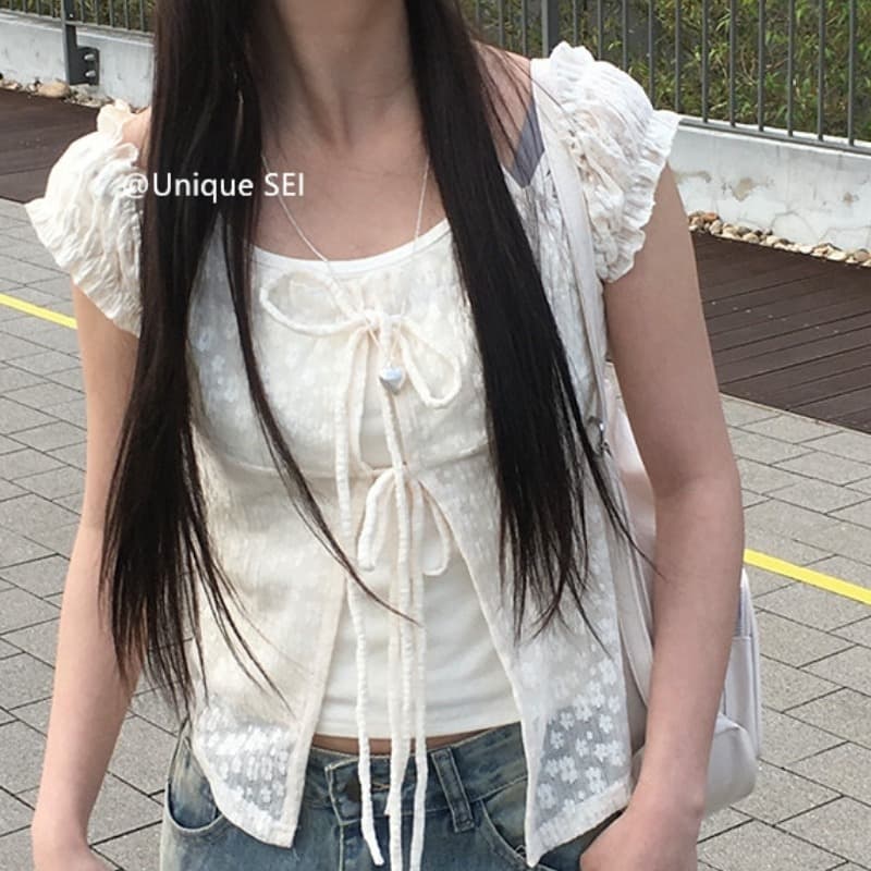 작은 섹시함 다용도 한 부서 부드러운 페이크 레이어드 스트랩 레이스 반팔 셔츠 맨위 이미지 4