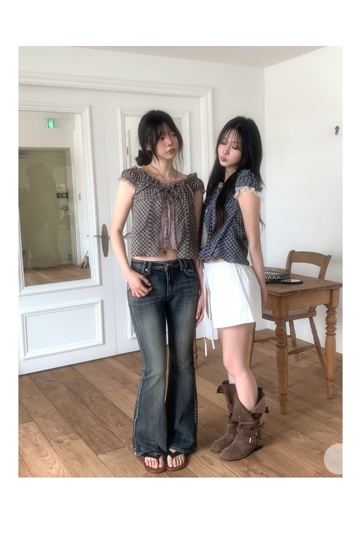 여름 새로운 일본식 레트로 스타일 페이크 레이어드 체크무늬 레이스 레이스 몸매 가꾸기 슬림해 보이는 반팔 셔츠 작은 셔츠 여성 상세 이미지 13