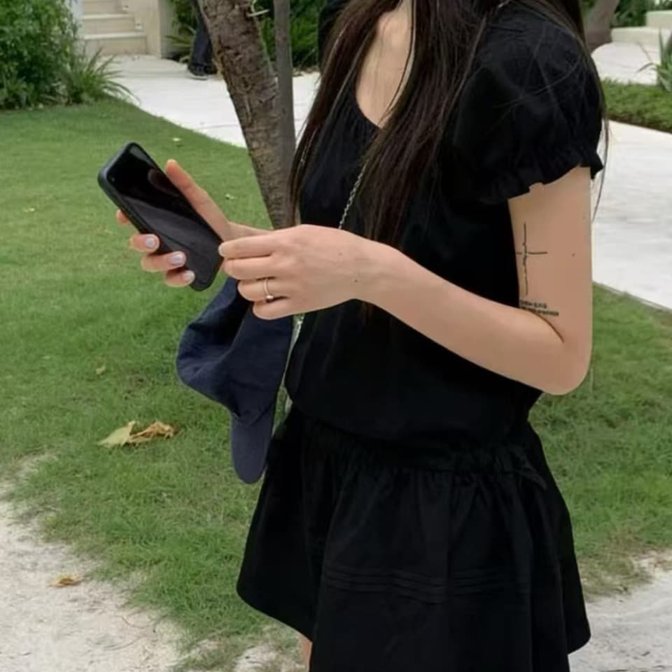 한국 스타일 슬림해 보이는 다용도 바람 허리 펌프 로프 버블 반팔 소녀 인형 드레스 미니 스커트 이미지 4
