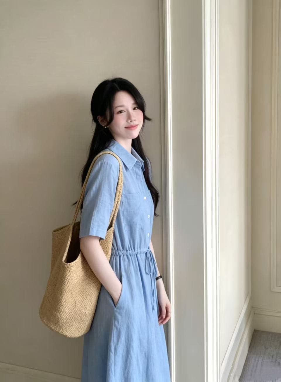 실사 오리지널 디자인 미니멀리즘 관대 한 면 린넨 셔츠 드레스 상세 이미지 8
