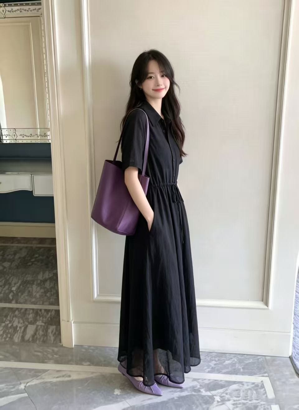 실사 오리지널 디자인 미니멀리즘 관대 한 면 린넨 셔츠 드레스 상세 이미지 15