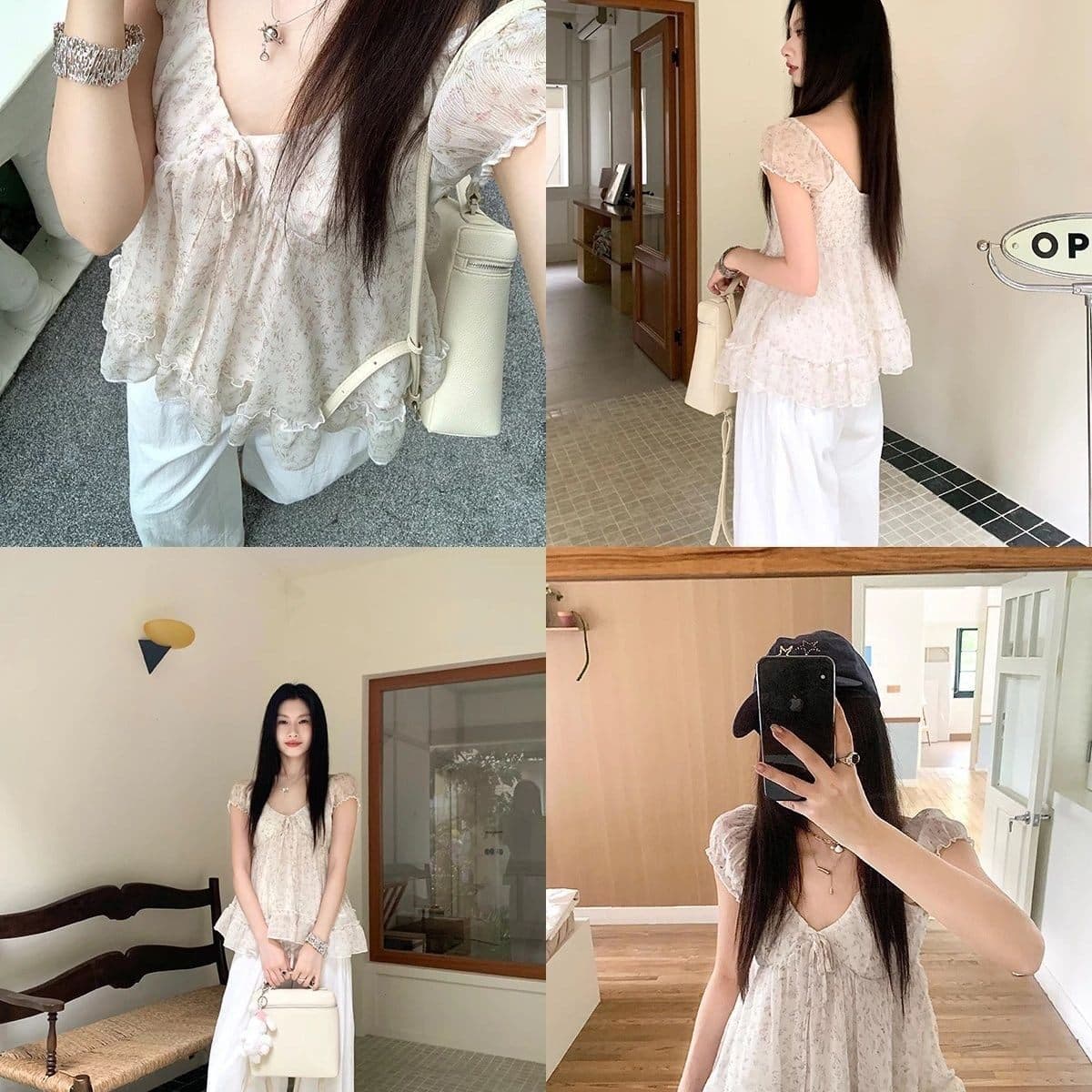 한 부서 루즈핏 디자인 센스 거품 소매 프릴 꽃무늬 인형 셔츠 여성 여름 반팔 V넥 맨위 트렌디 이미지 2