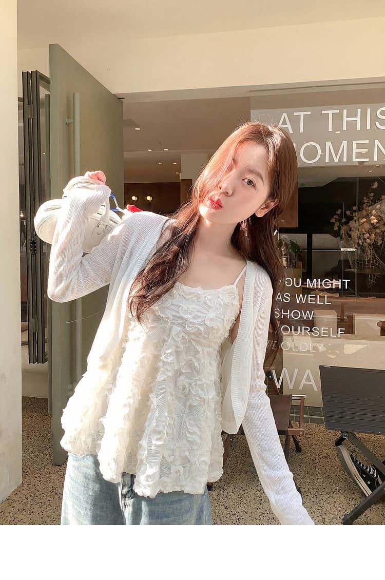 한 부서 화이트 쇼트 스타일 얇은 스타일 자외선 차단 니트 오픈 가디건 여성 여름 슬립 외부 가져 가라. 재킷 맨위 상세 이미지 8