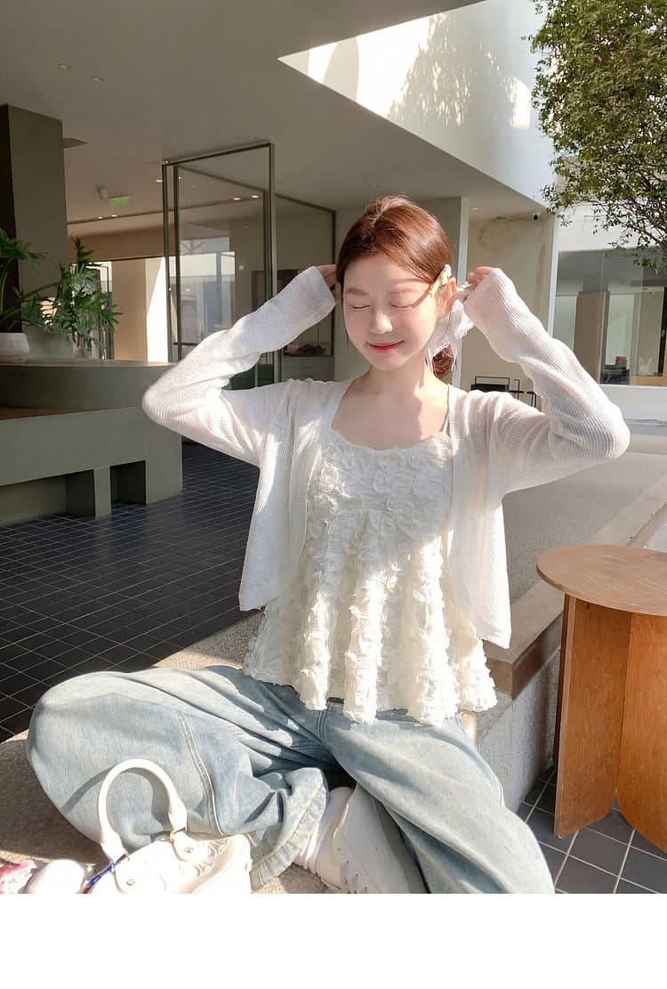 한 부서 화이트 쇼트 스타일 얇은 스타일 자외선 차단 니트 오픈 가디건 여성 여름 슬립 외부 가져 가라. 재킷 맨위 상세 이미지 11