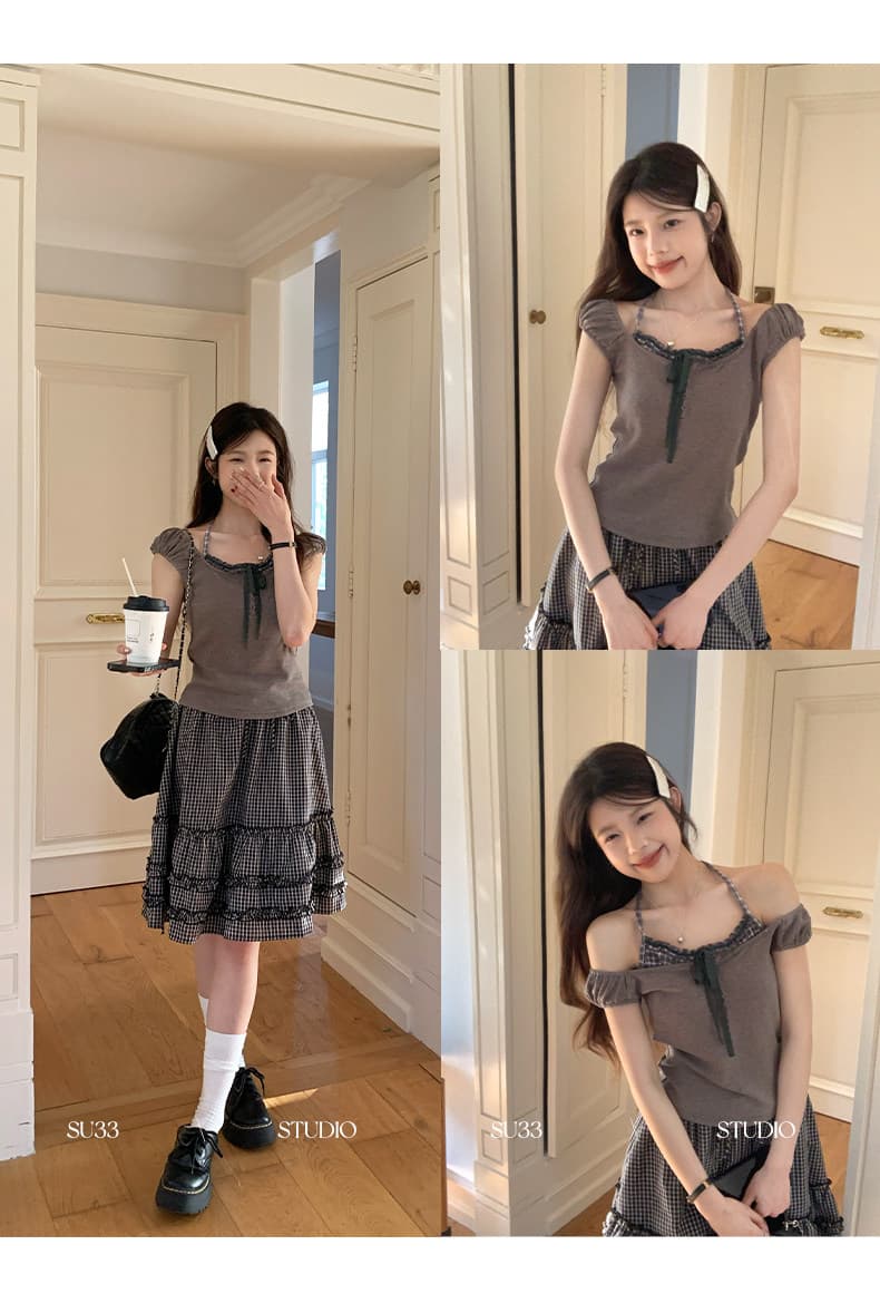 달콤한 스타일 레이스 광장 칼라 반팔 티셔츠 여성 여름 새로운 몸매 가꾸기 슬림해 보이는 나비 매듭 스트랩 맨위 상세 이미지 20