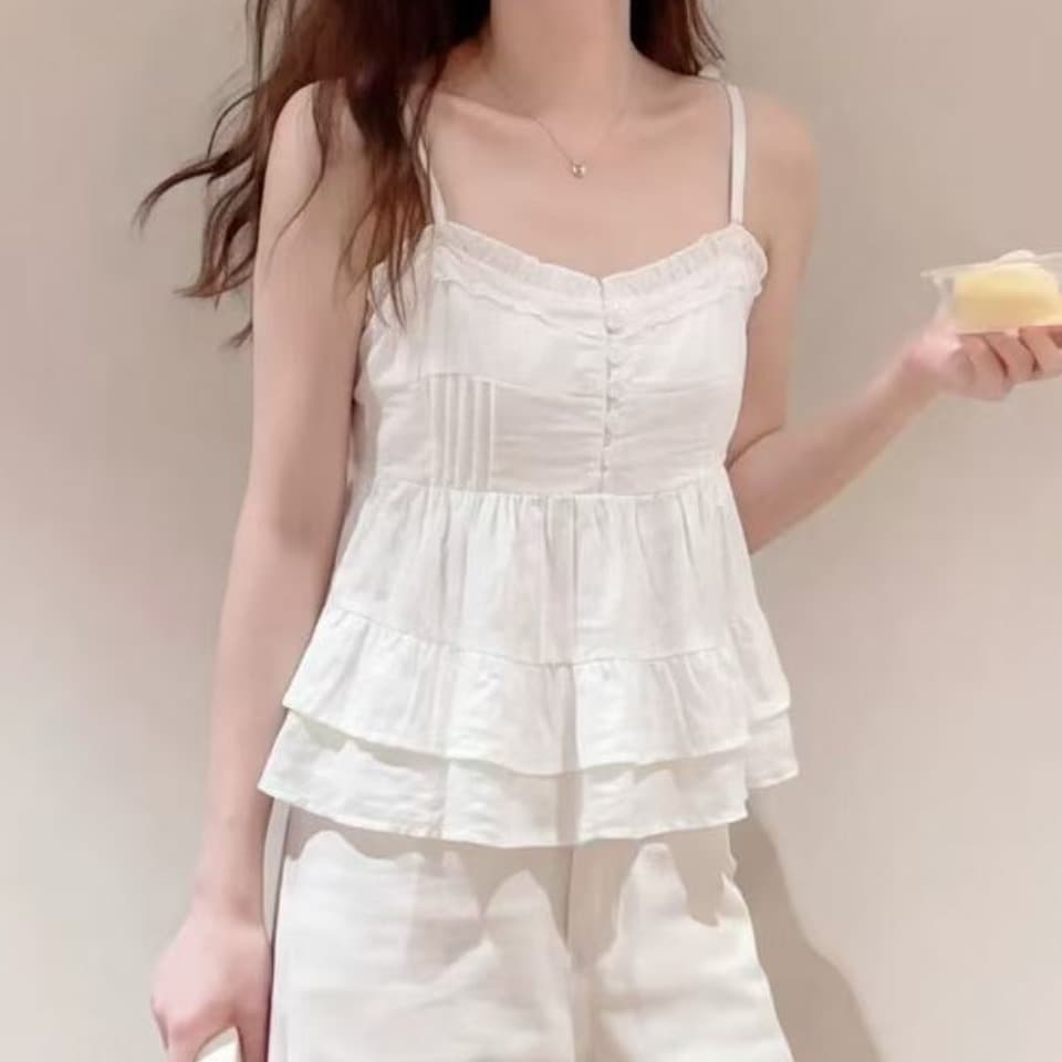 해변가 휴가 바람 달콤함 레이스 패치워크 캐미솔 2026 여름 새로운 루즈핏 작은 대중 민소매 맨위 이미지 3
