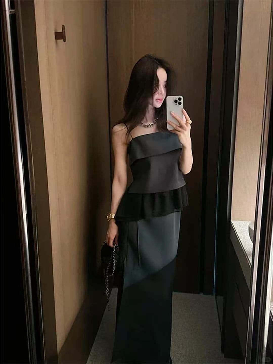 프랑스식 부드러운 바람 프릴 캐미솔 여름 새로운 불규칙 리본 오프숄더 슬림해 보이는 맨위 외출용 이미지 4