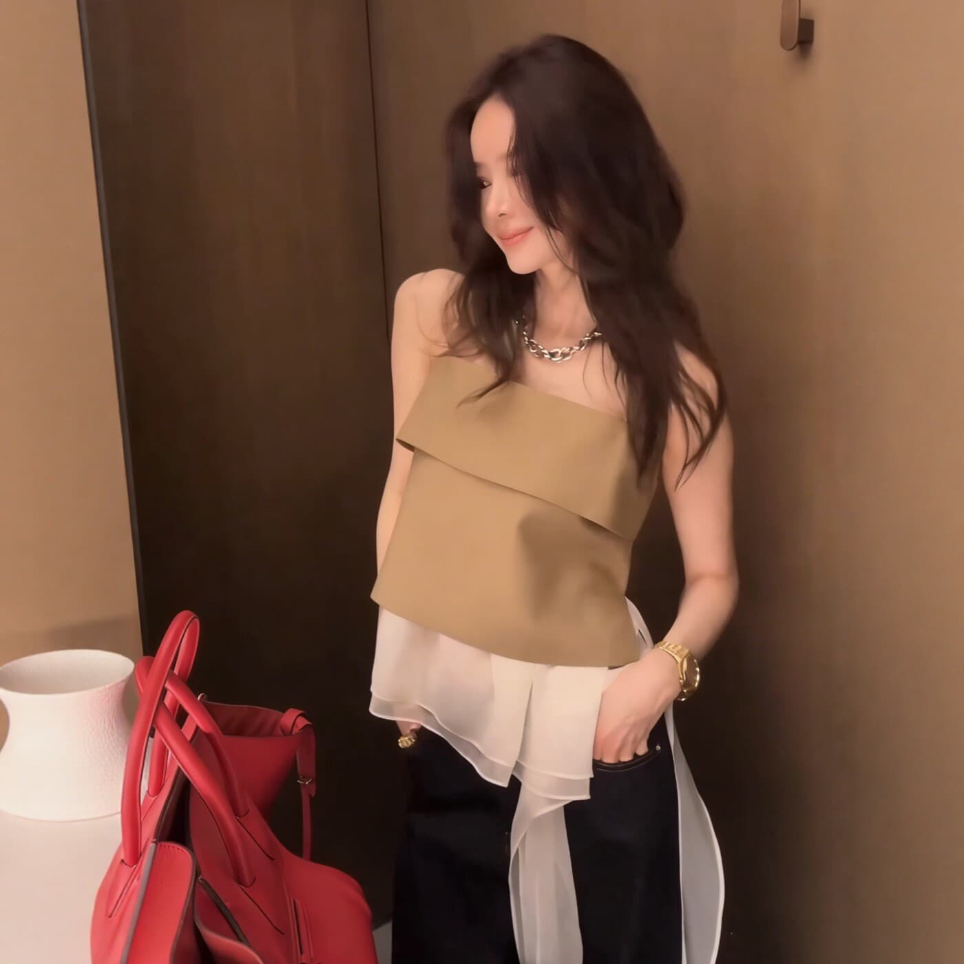 프랑스식 부드러운 바람 프릴 캐미솔 여름 새로운 불규칙 리본 오프숄더 슬림해 보이는 맨위 외출용 상세 이미지 3