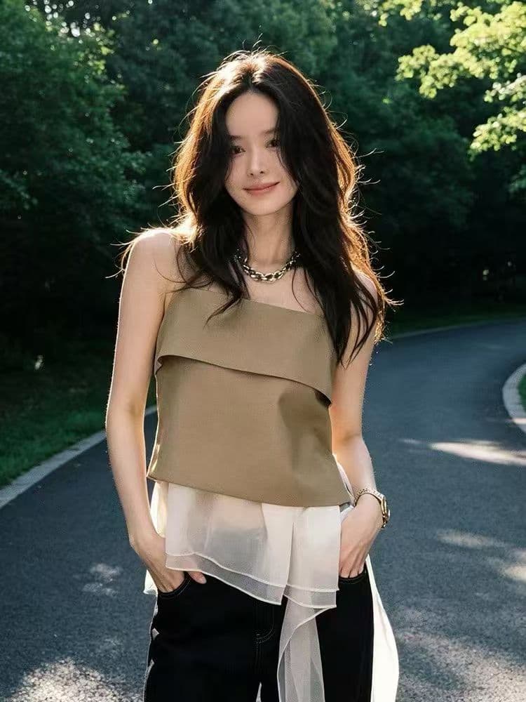 프랑스식 부드러운 바람 프릴 캐미솔 여름 새로운 불규칙 리본 오프숄더 슬림해 보이는 맨위 외출용 상세 이미지 7