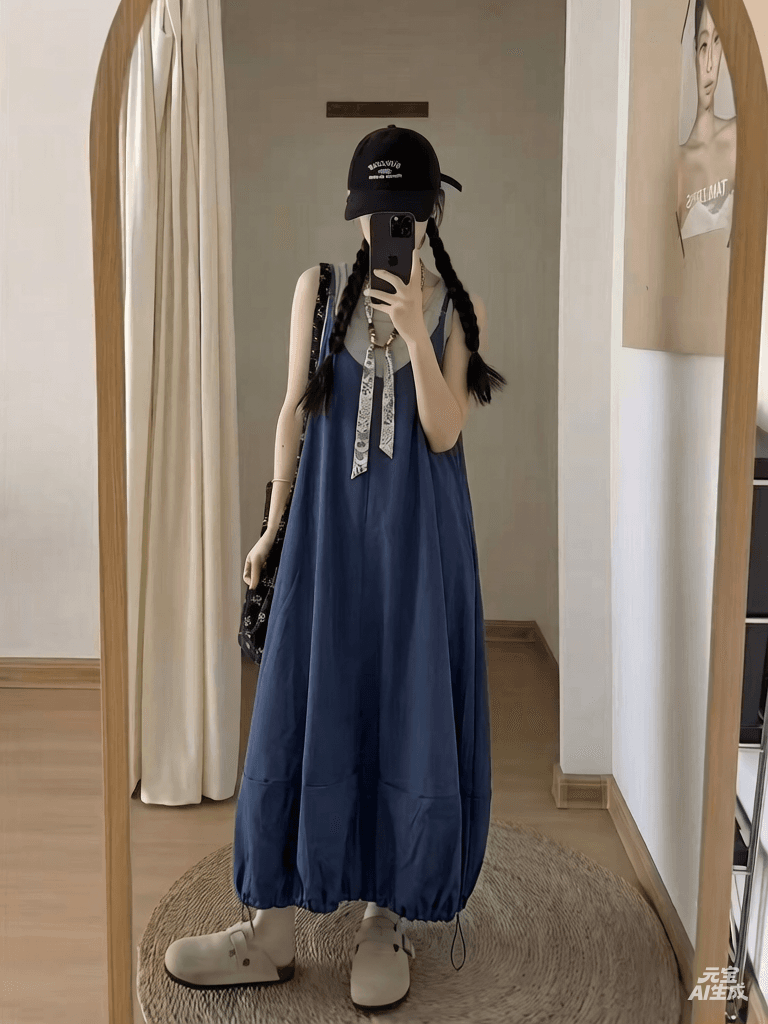 일본식 학생 팬 조끼 루즈핏 캐주얼 슬립 펌프 로프 랜턴 드레스 투피스 세트 이미지 3