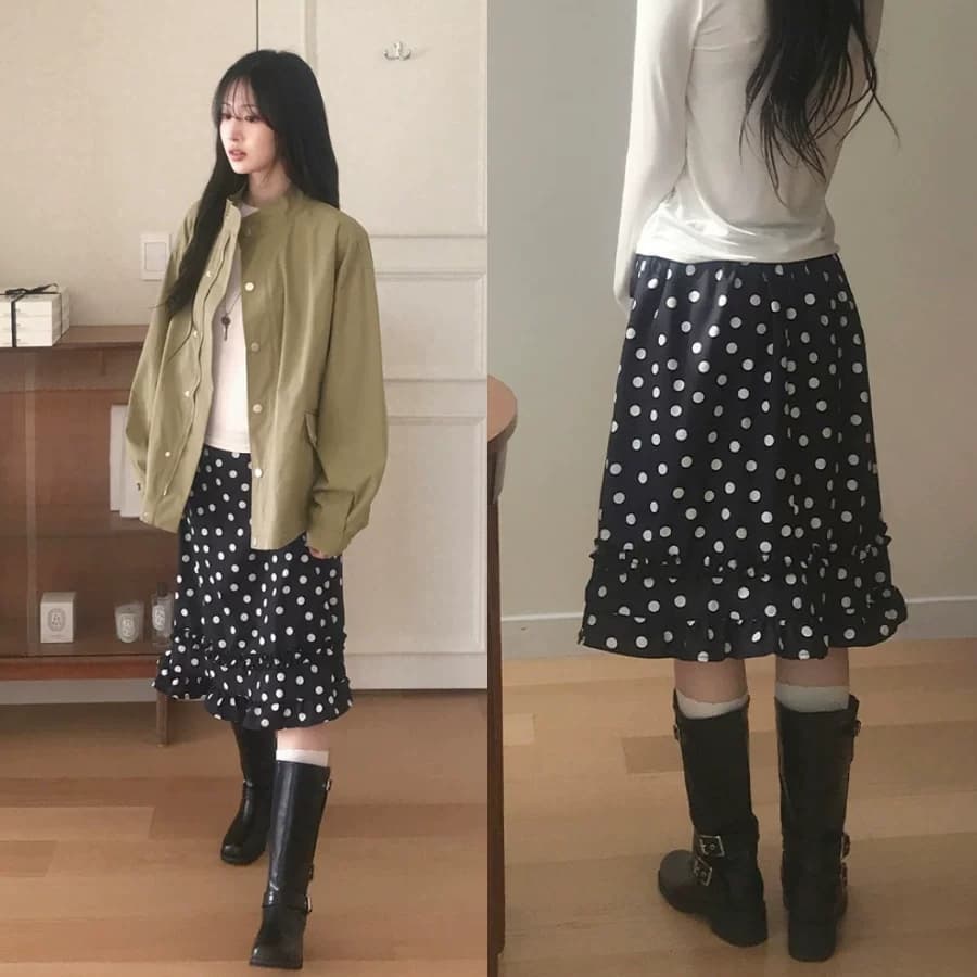 한국 chic 프랑스식 품격 목이버섯 레이스 레트로 도트 무늬 레이스업 다용도 작은 키 반신 스커트 상세 이미지 1